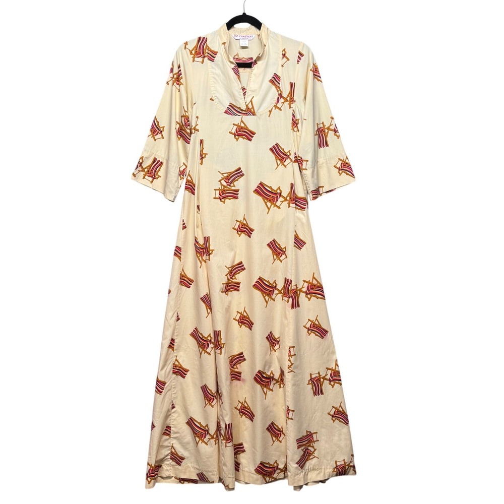 Vtg 70s Rare Liz Carlson Maxi Kaftan Dress Novelty Beach Chair Print Cream S/M